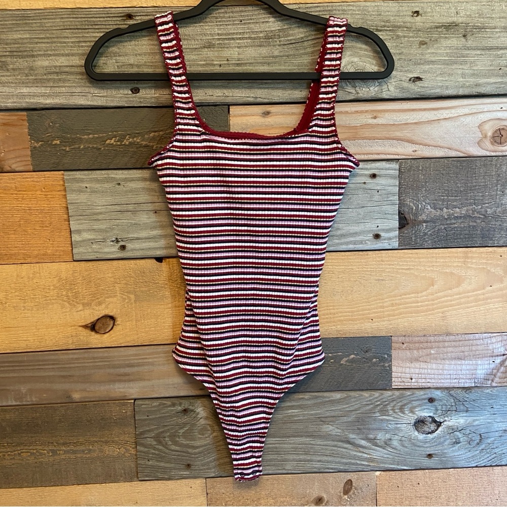 10/$20 Hollister Red pink & White Striped Bodysuit